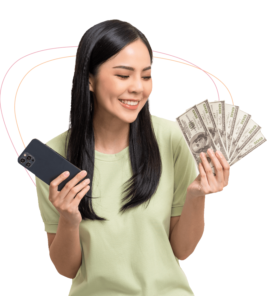 woman holding phone and cash